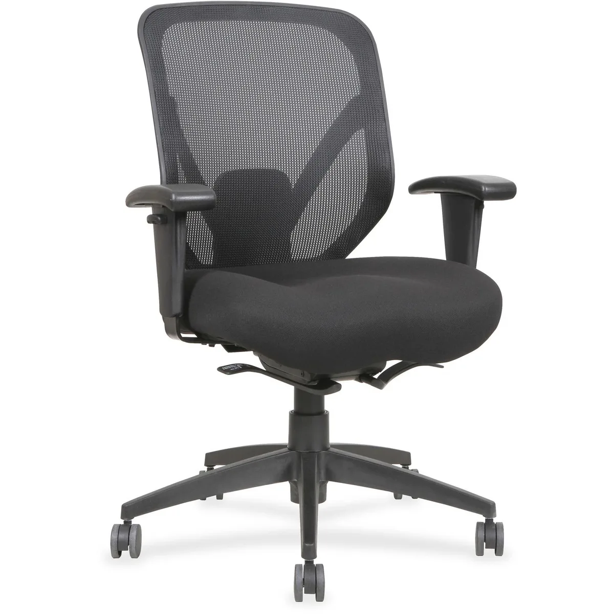 Black mid-back patio chair with mesh back, fabric seat, adjustable arms, nylon base and casters