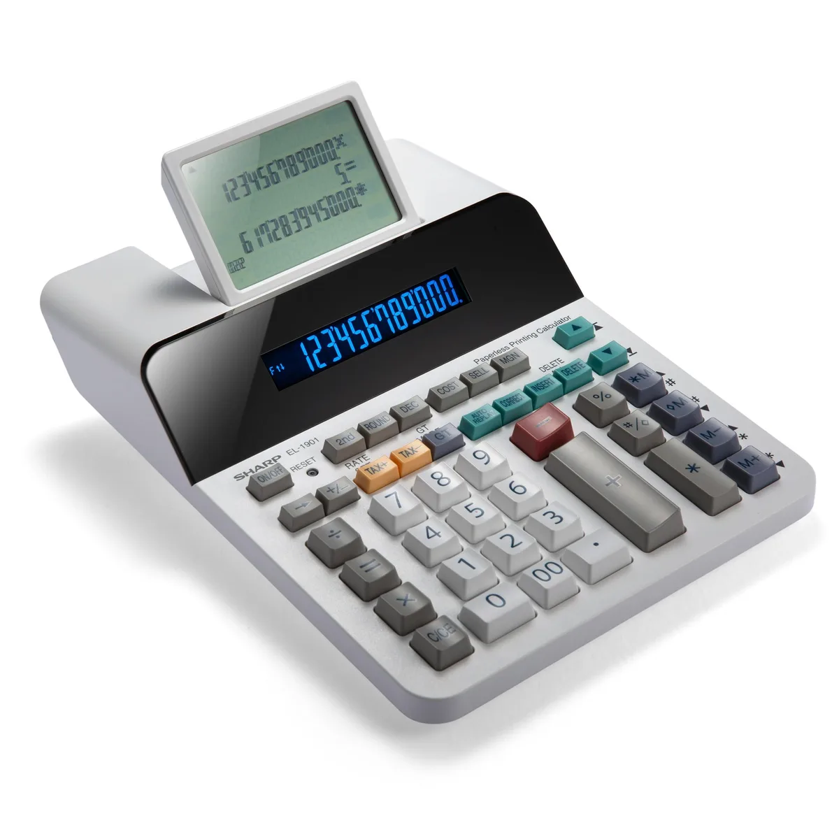 White Sharp EL-1901 paperless printing calculator with 12-digit LCD display and full-sized keys