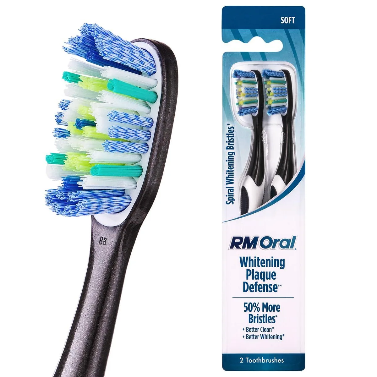Two black manual toothbrushes with soft spiral bristles and tongue cleaners