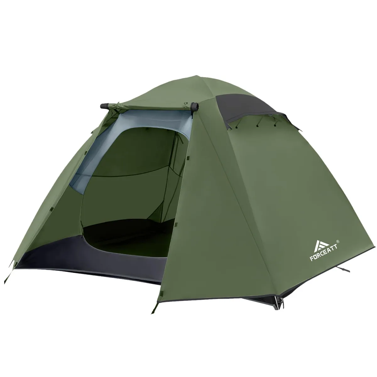 Dark green dome tent with two D-shaped doors and side vestibules, packed in a carry bag