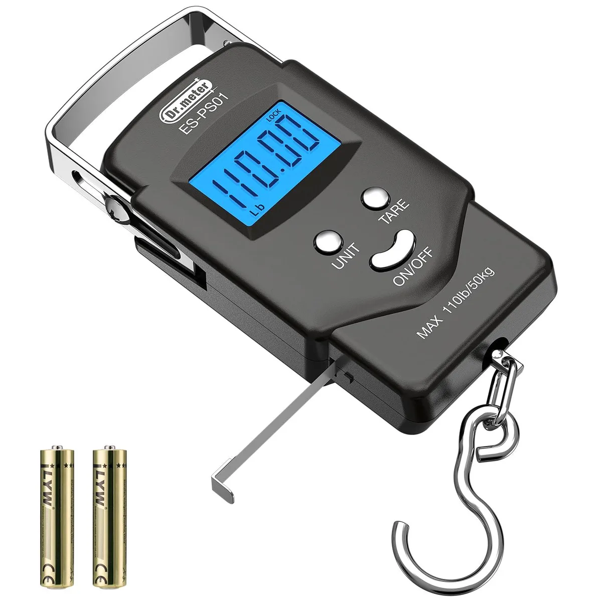 Compact digital fish scale with backlit LCD, stainless hook and built-in tape measure