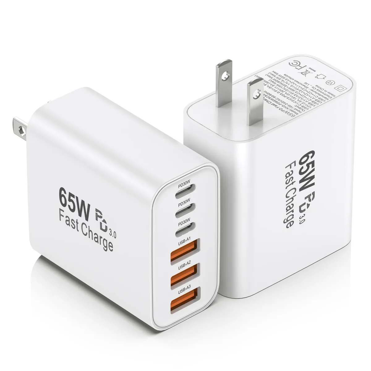 Two compact rectangular wall chargers with foldable plugs, each showing three USB-C and three USB-A ports, matte white finish