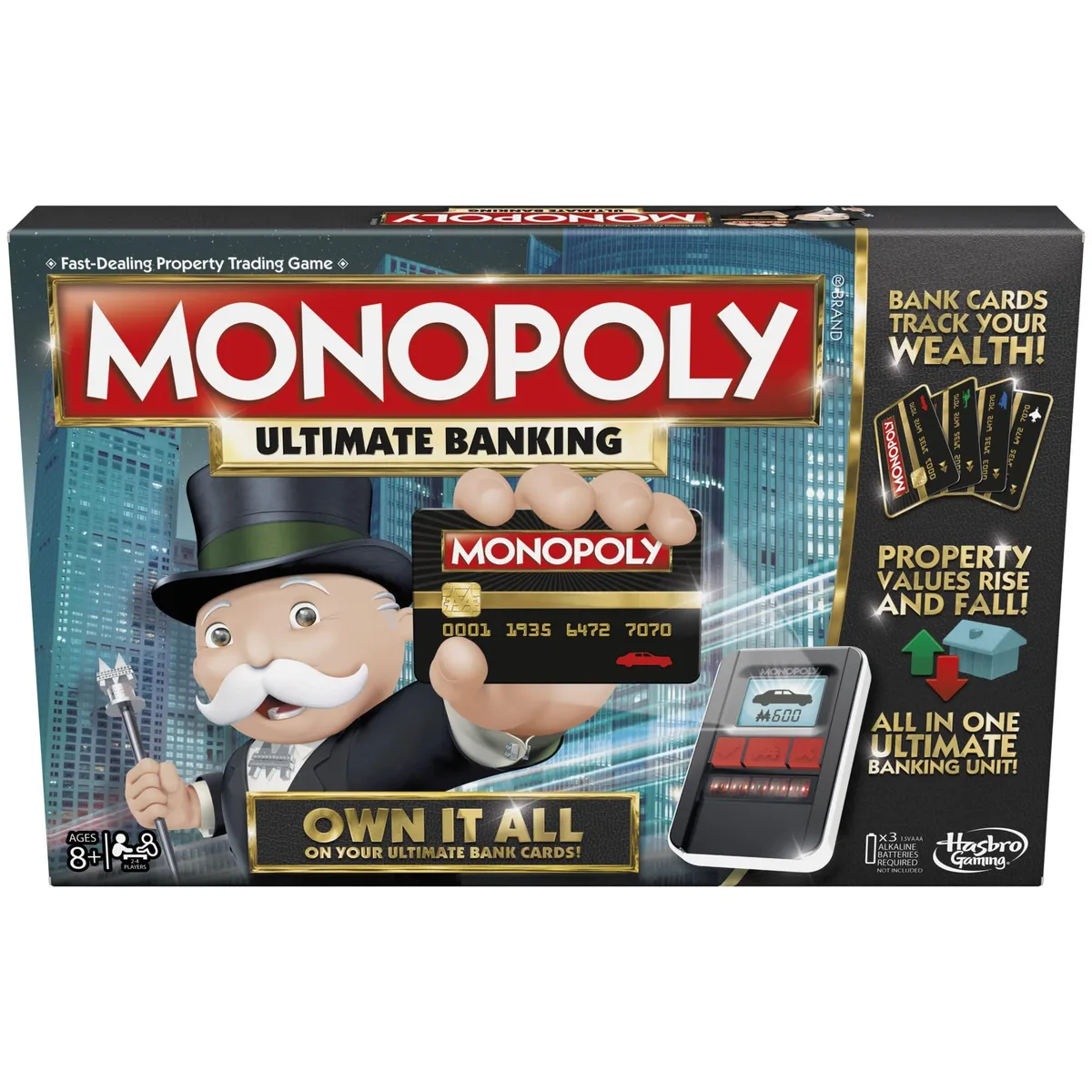 Rectangular Monopoly board game box with electronic banking unit and plastic tokens