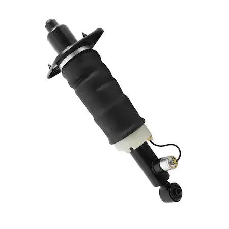 Rear right non-electronic air strut assembly, silver metal body with black rubber bellows and mounting hardware