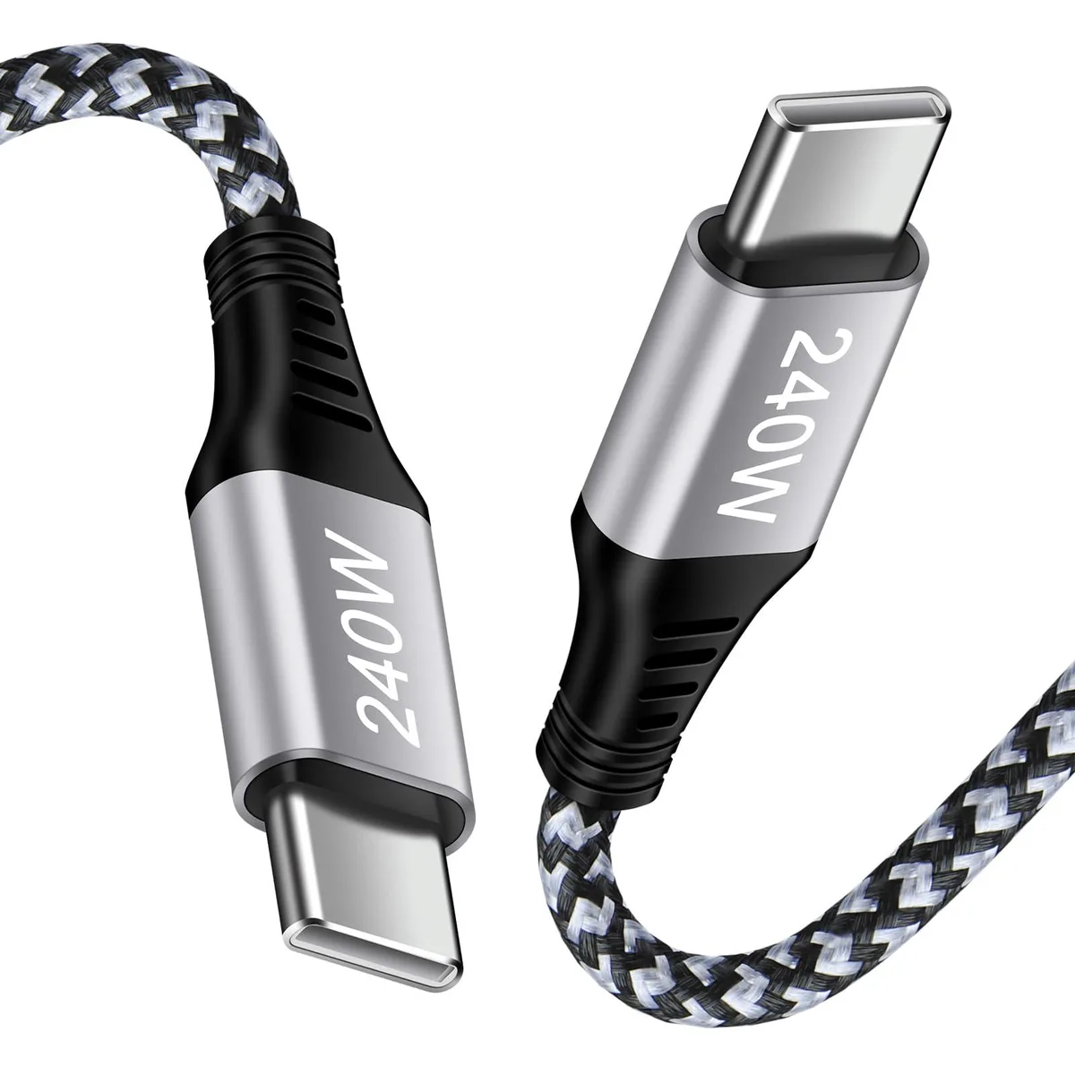 White braided USB-C to USB-C cable, 10 ft long, male-to-male connectors