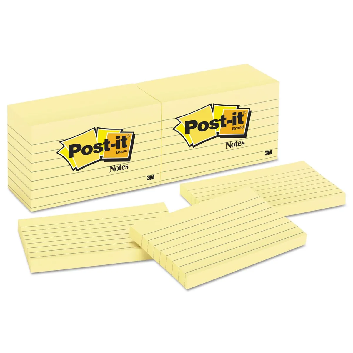 A pack of twelve yellow lined sticky-note pads, each with one hundred sheets