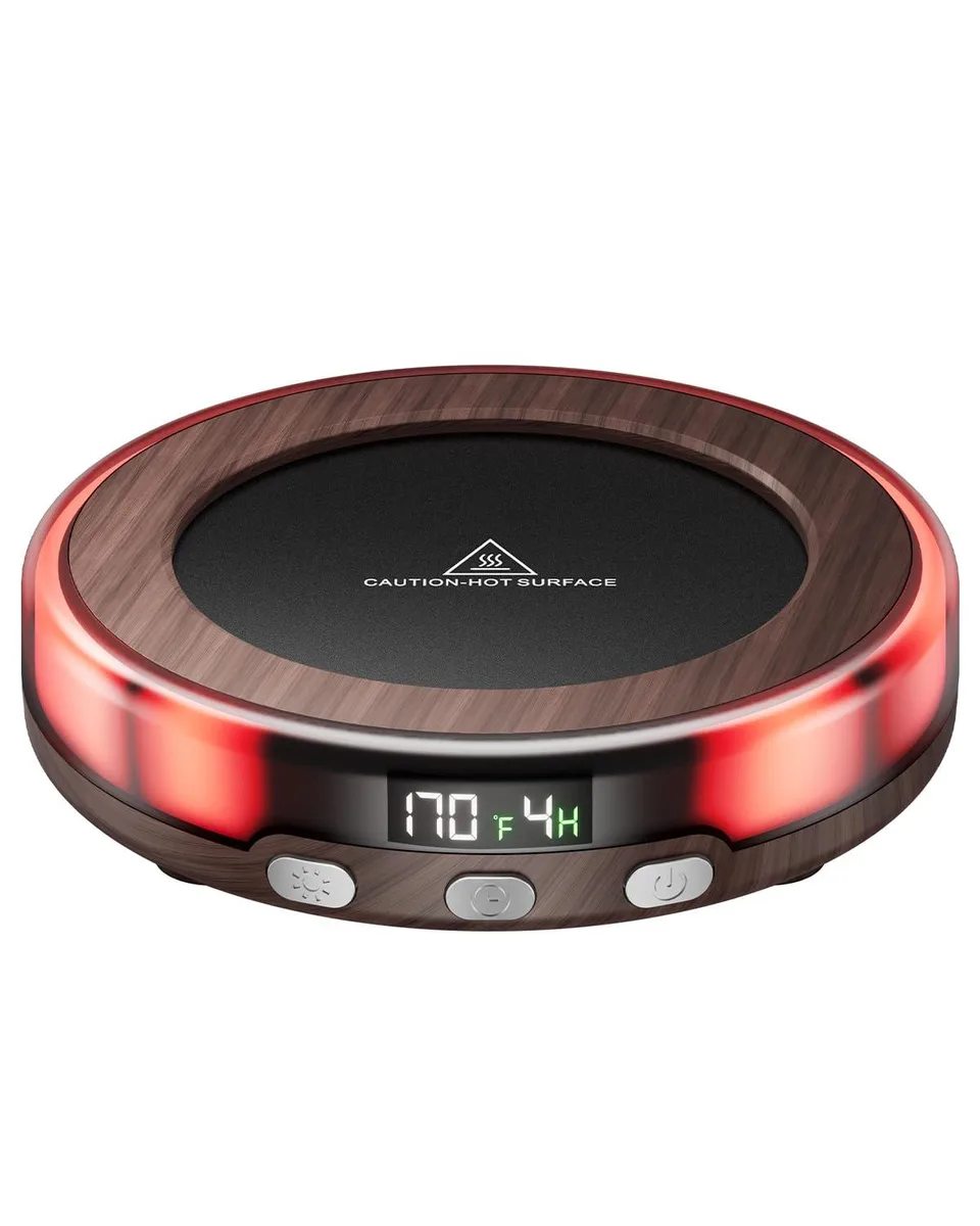 Compact circular mug warmer with digital display and coloured lights