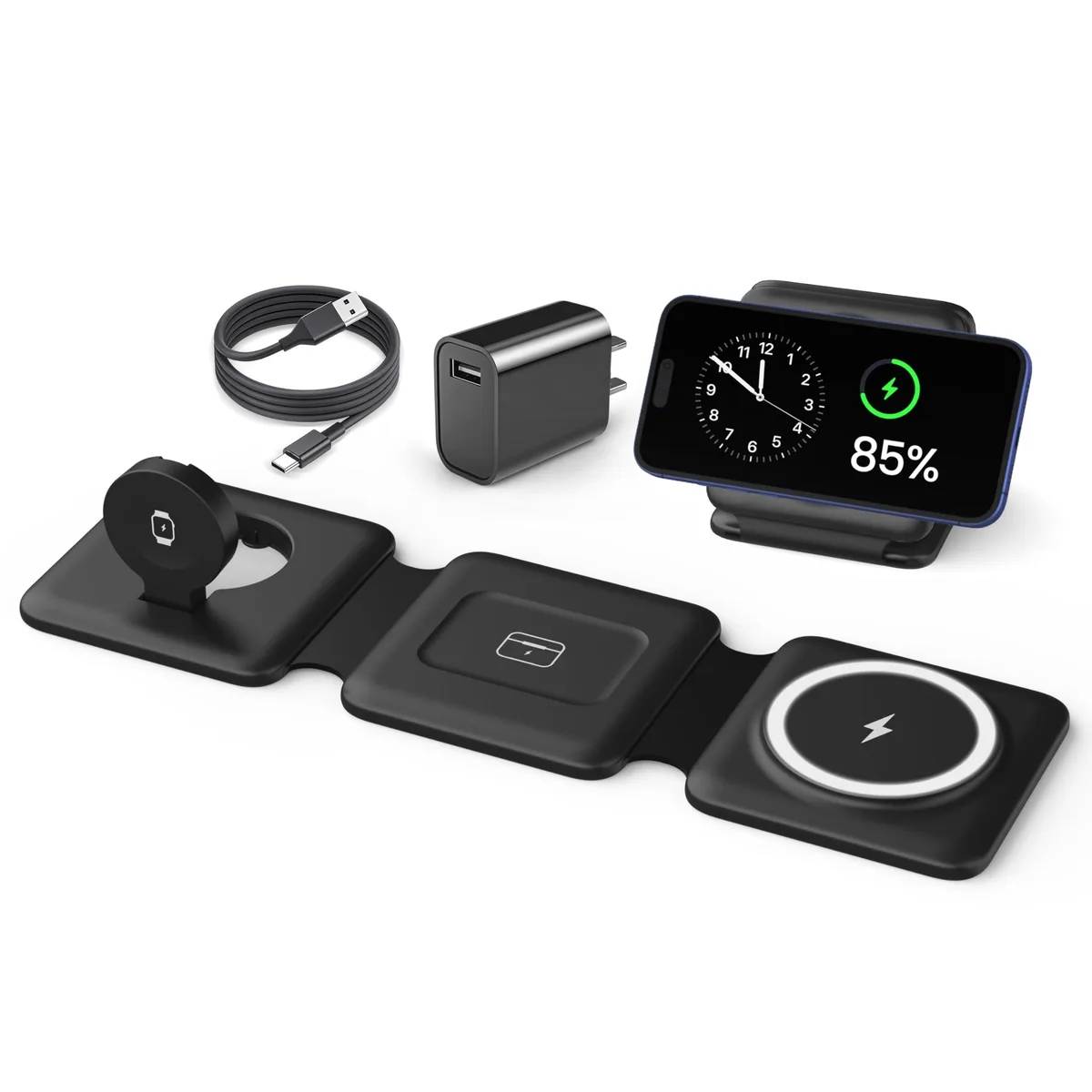 Iseyyox CW340-R Magnetic Wireless Charger 3-in-1 Foldable Dark Black — product photo