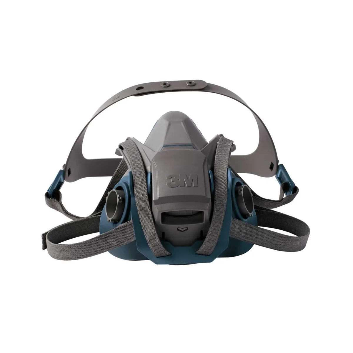 Ten grey half-face respirators with quick-latch straps on a tray