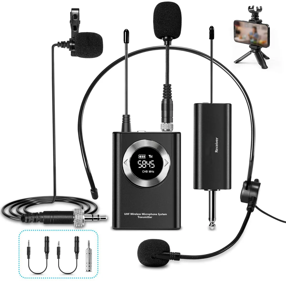 Wireless microphone kit with handheld, headset and lavalier mics plus receiver and cables