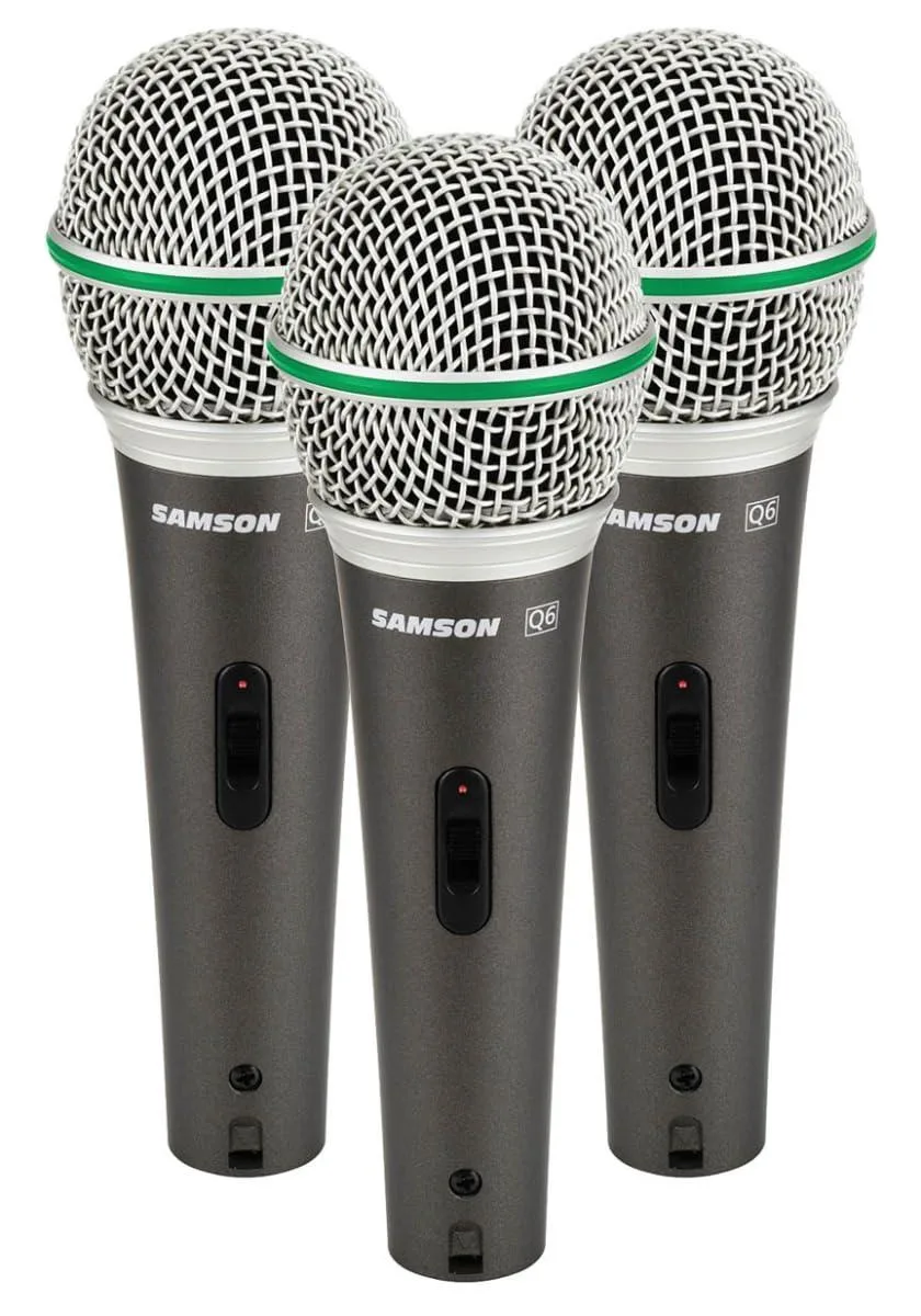Three black dynamic microphones in a foam-padded hard-shell carry case