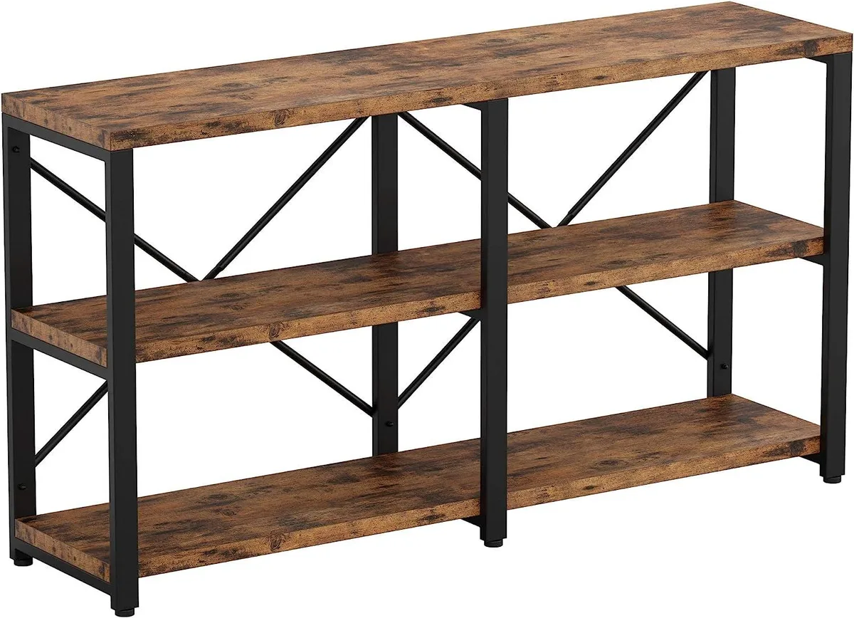 Three-tier console table, vintage brown finish, steel X-frame back, 55 inches wide