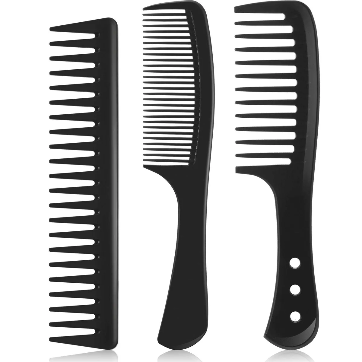 Three black carbon fibre combs, wide-tooth and cutting styles, smooth rounded edges, matte finish