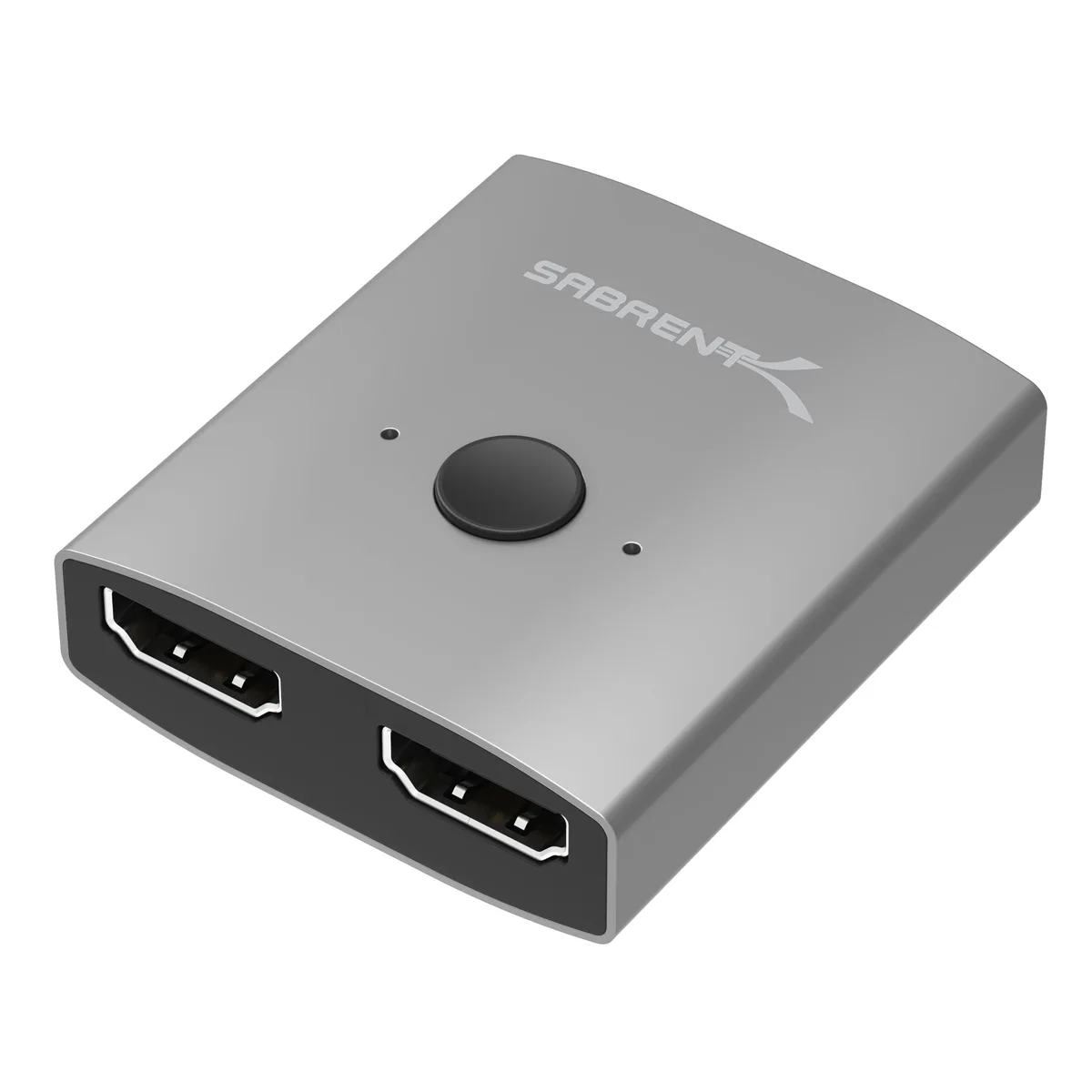 Small aluminium box, two HDMI inputs, one output, button and LEDs