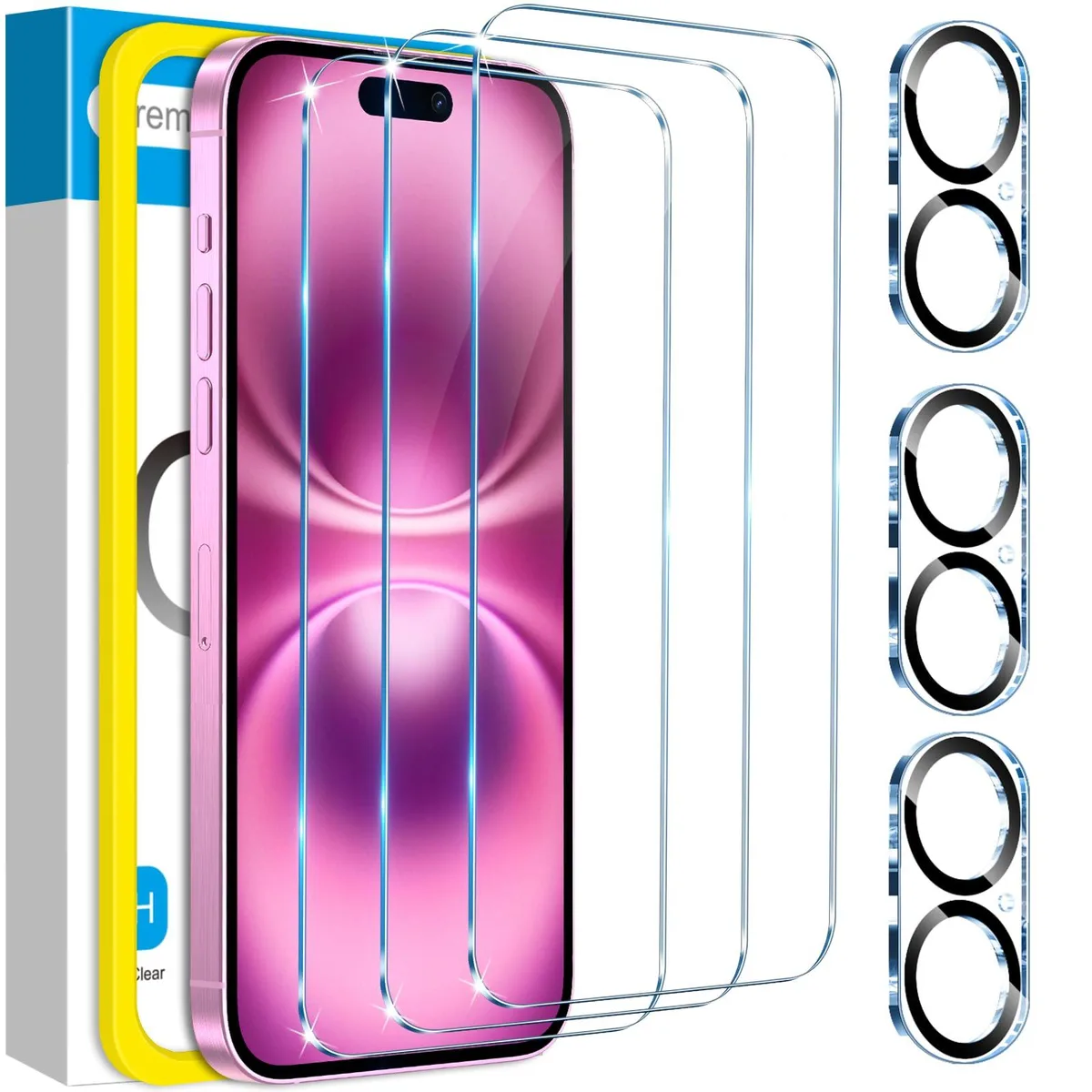 Three transparent tempered-glass screen protectors and three matching camera lens protectors with alignment frame and cleaning kit