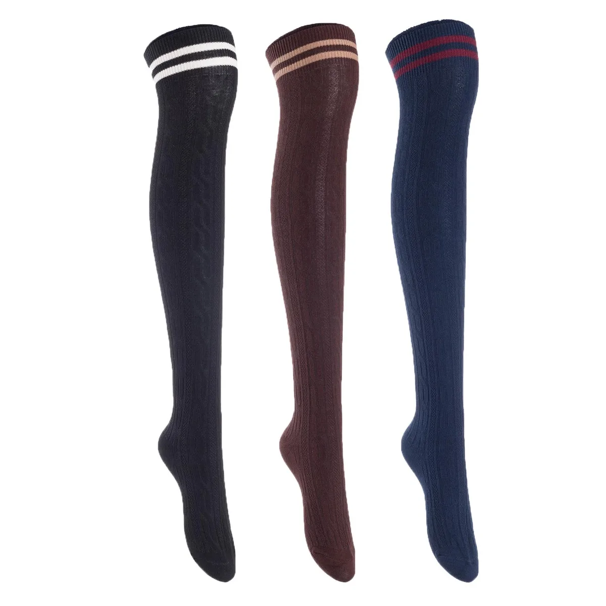 Three pairs of thigh-high cotton socks in black, coffee and navy colours