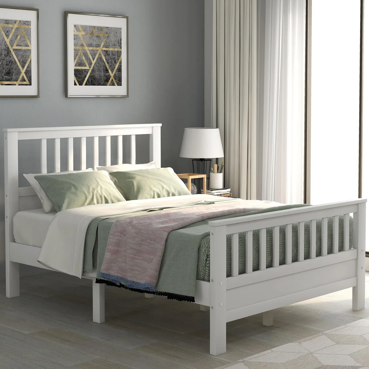 tuphen tuphen Wood Platform Bed with Headboard and Footboard Full White — product photo