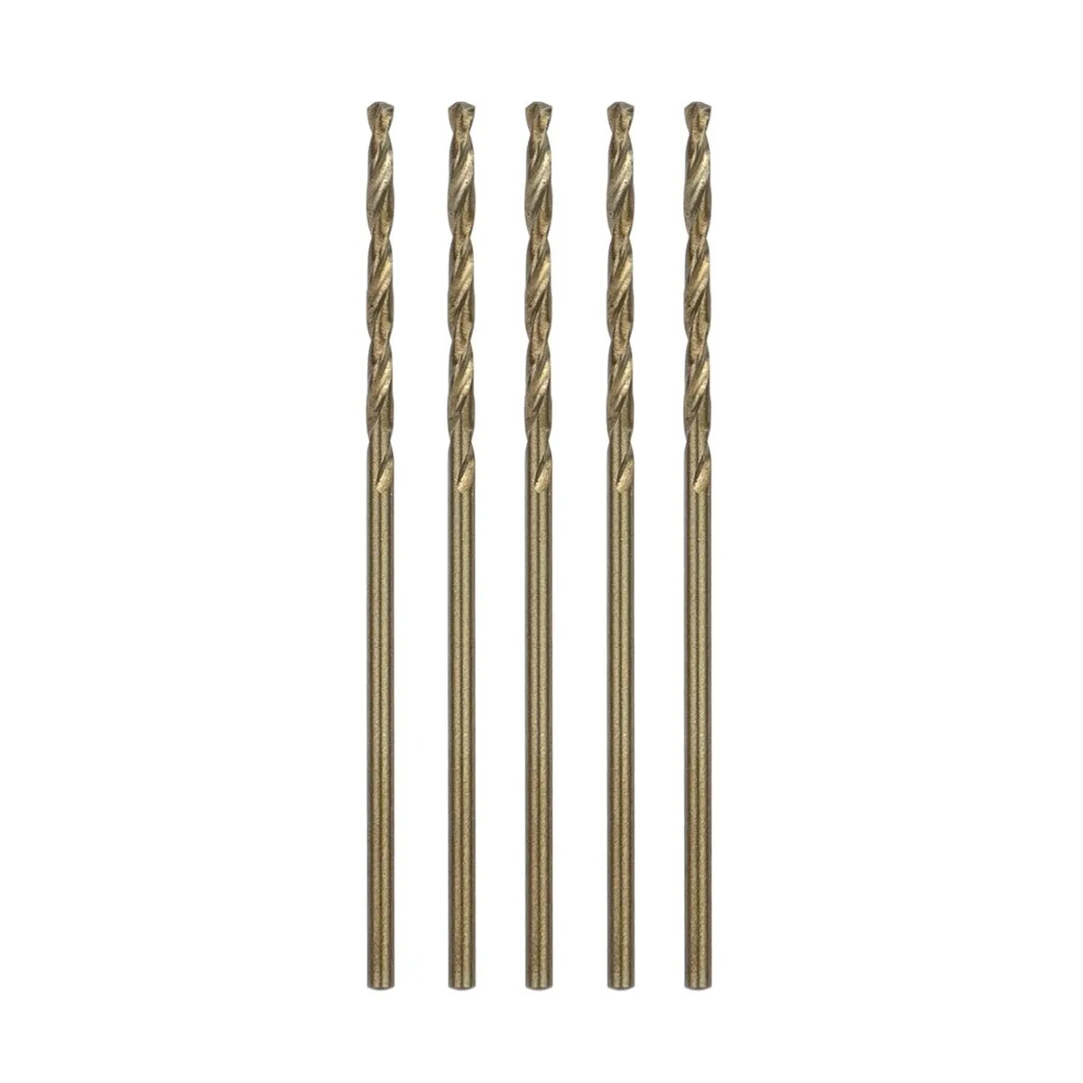 Five small gold cobalt drill bits in a row