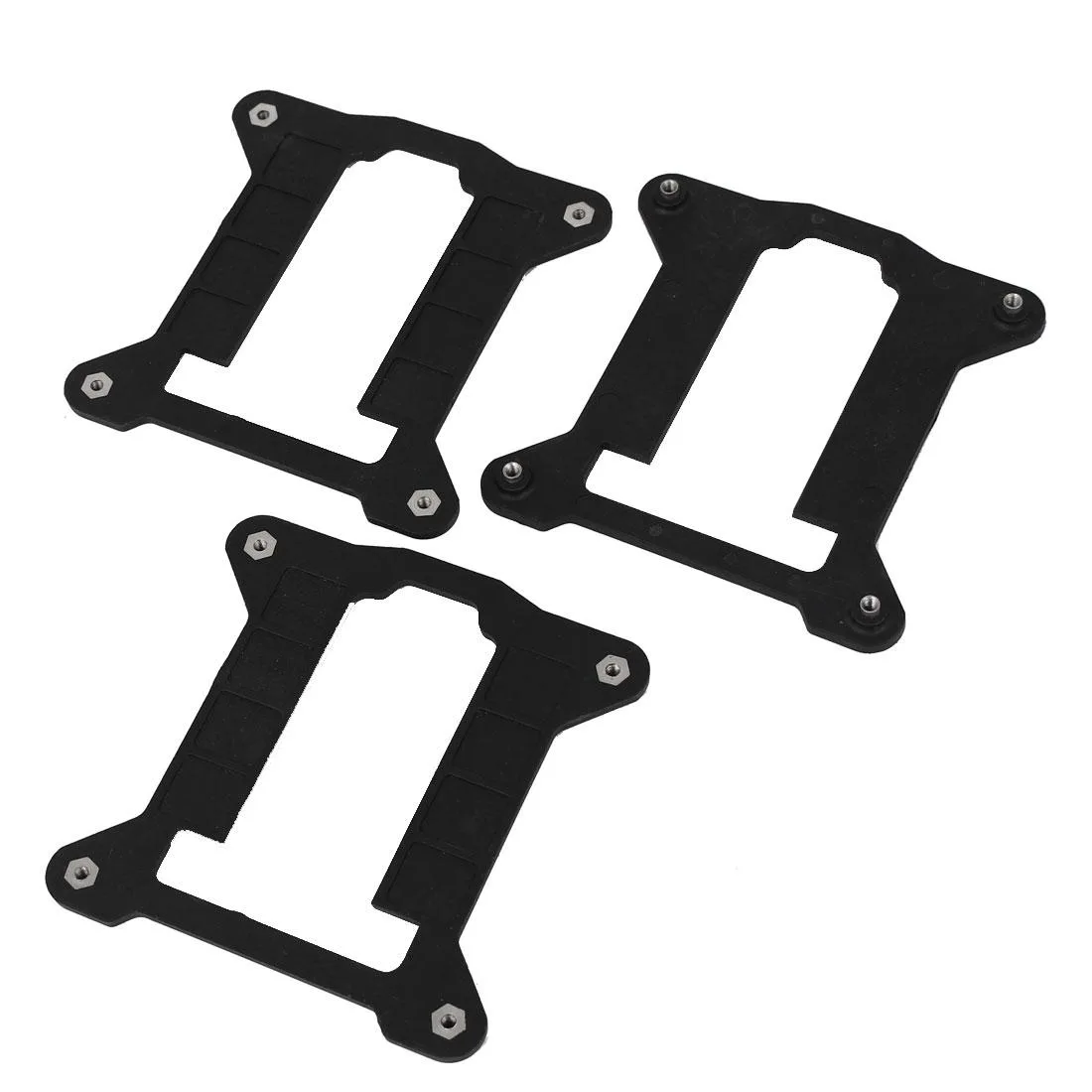 Three black plastic CPU heatsink brackets with screw holes, each 89 by 89 by 7mm