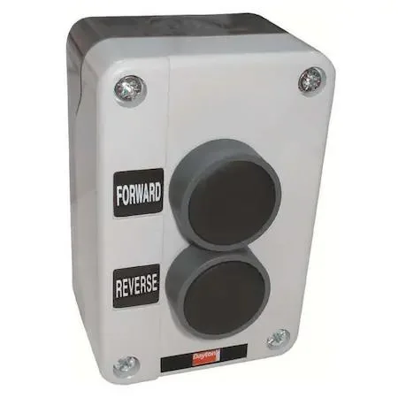 Gray thermoplastic wall-mounted control station with two black push buttons labeled Forward/Reverse, 22 mm size