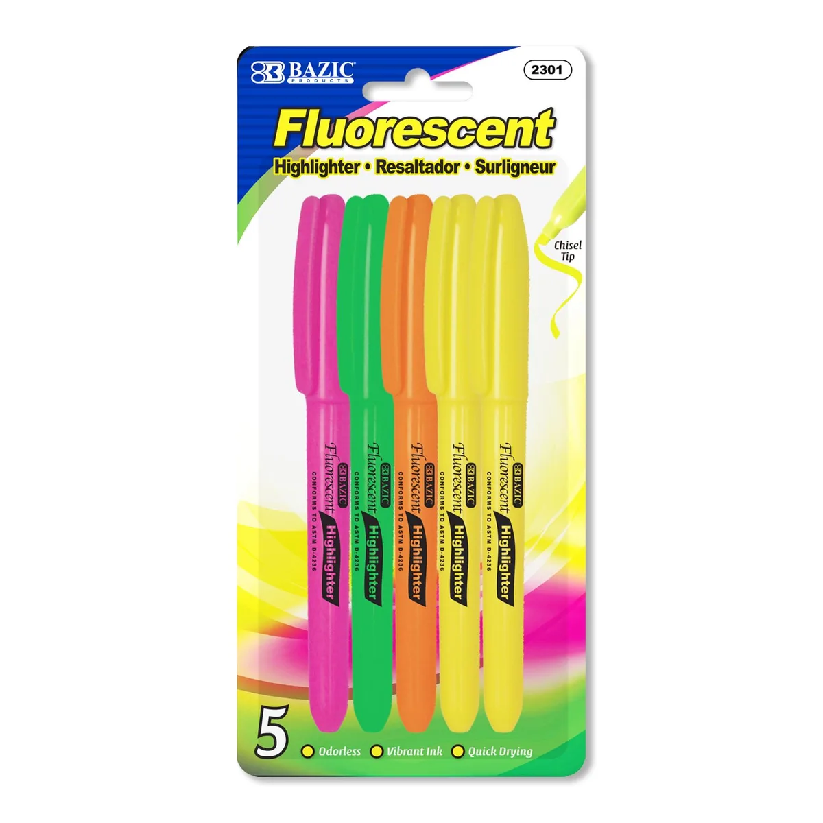 Five pen-style fluorescent highlighters with chisel tips and pocket clips in assorted barrel colors
