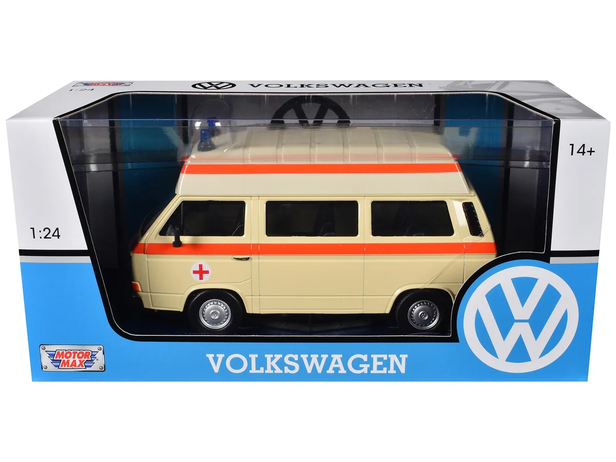 MOTORMAX MOTORMAX Volkswagen Type 2 T3 High Roof Ambulance Cream Orange Stripes 1/24 Diecast — product photo