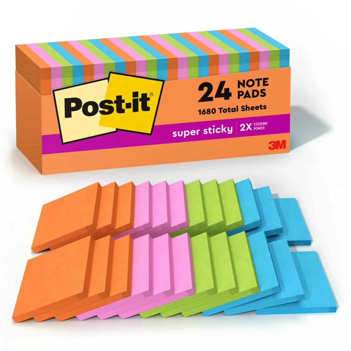 A stack of 24 square neon sticky-note pads in a paperboard box