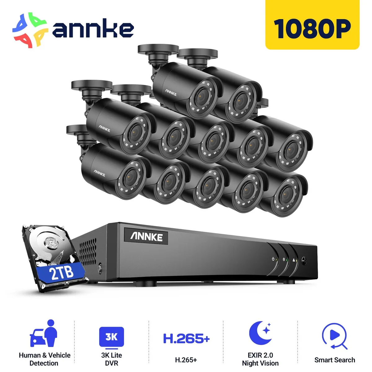Annke Annke 16CH 3K Lite FHD AI Surveillance Security System 2TB HDD 12x 2MP Outdoor Cameras — product photo