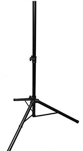 Black metal tripod speaker stand with three folding legs and height locking pin