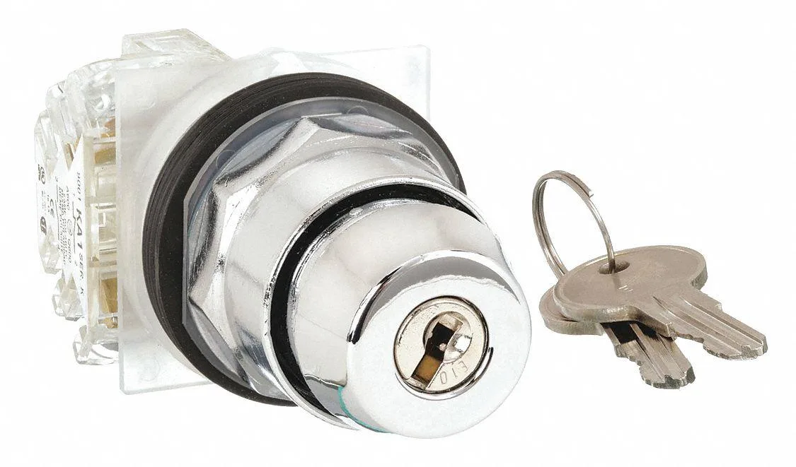 Chrome 30 mm key selector switch, two-position maintained, metal bezel, IP65