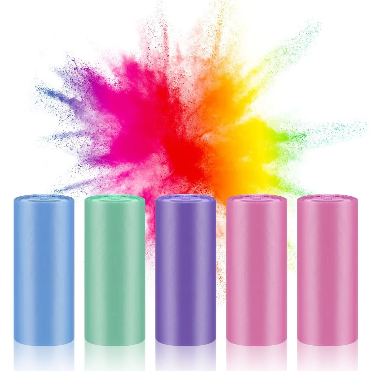 Multicoloured 4-gallon polyethylene trash bags, 100-count pack on five rolls