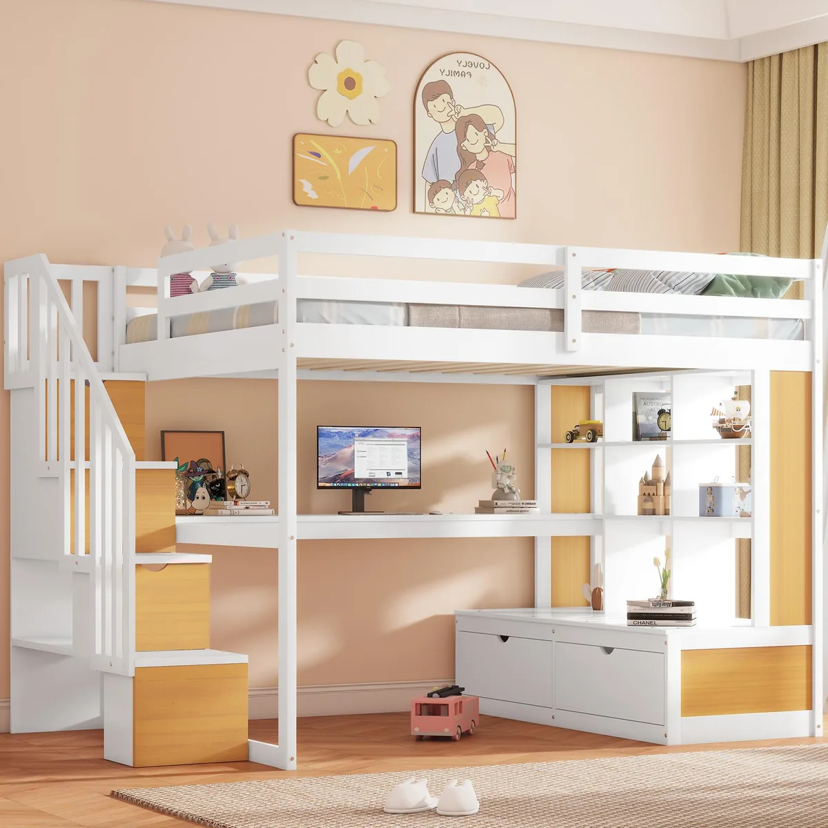 tuphen tuphen Full Size Loft Bed with Desk, Shelves, Storage Staircase & 2 Drawers, White/Natural — product photo