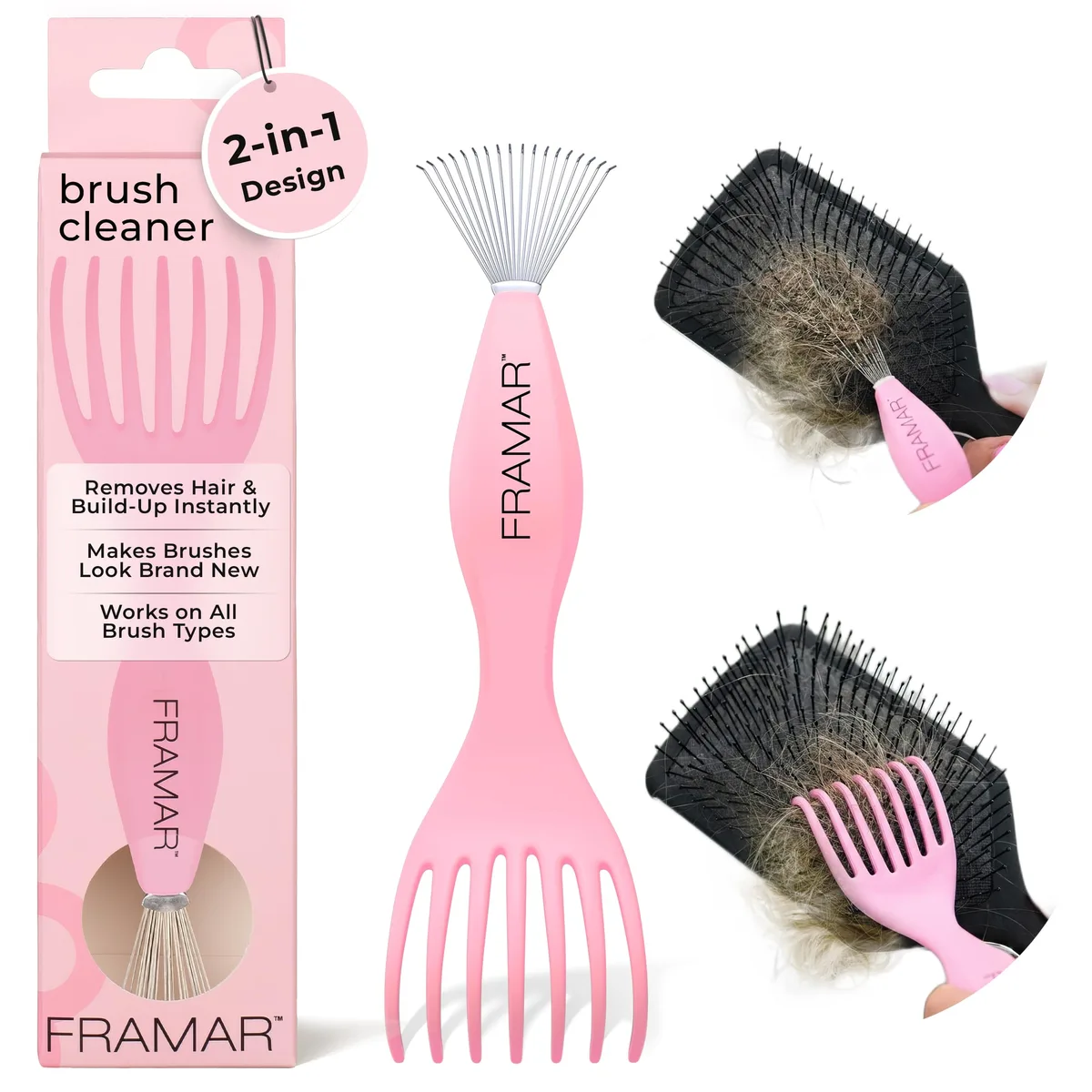 Pink plastic hair brush cleaner tool with dual comb and bristle ends, lightweight handheld design