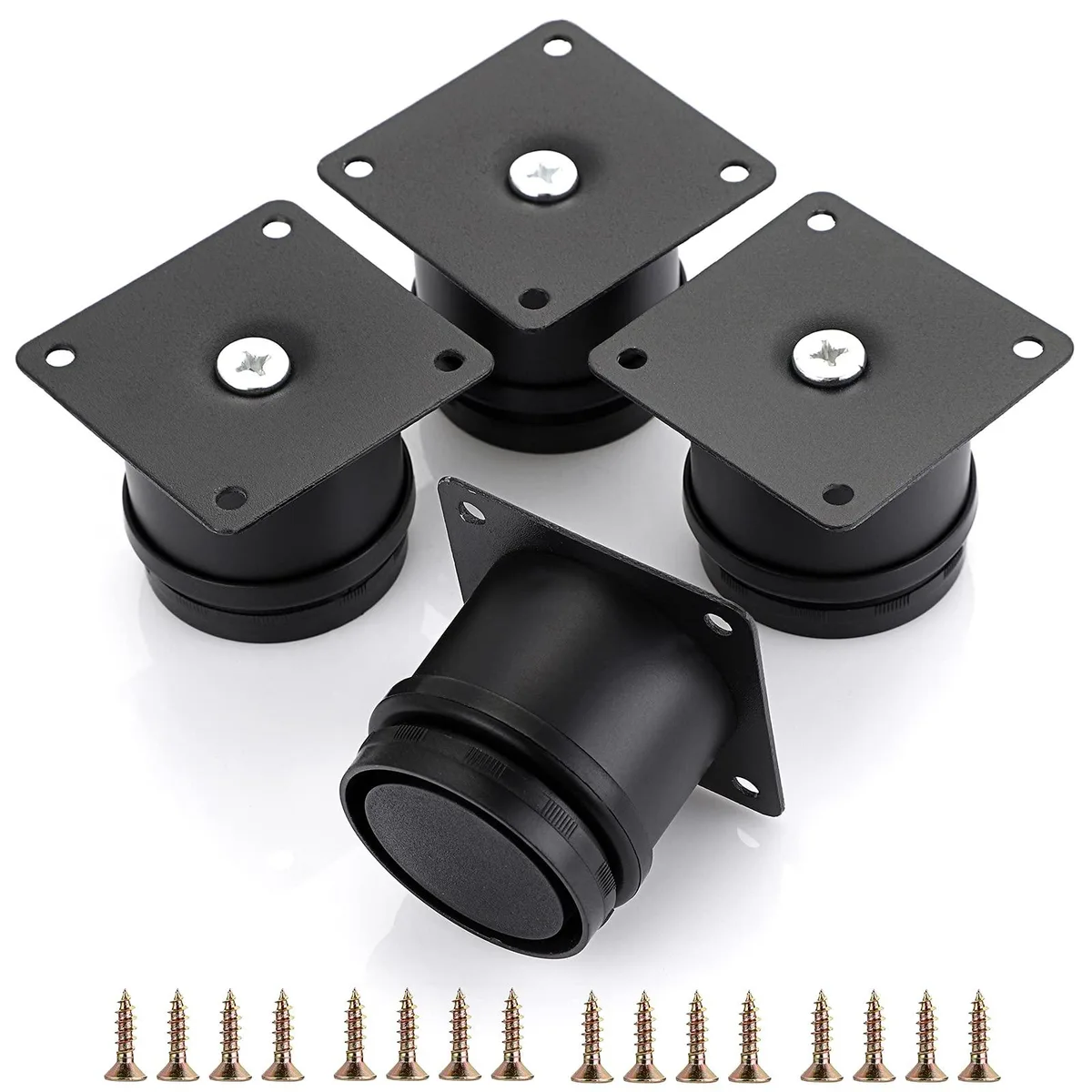 Four black metal table legs with square top plates and adjustable round feet, stainless steel and aluminium construction, set of four
