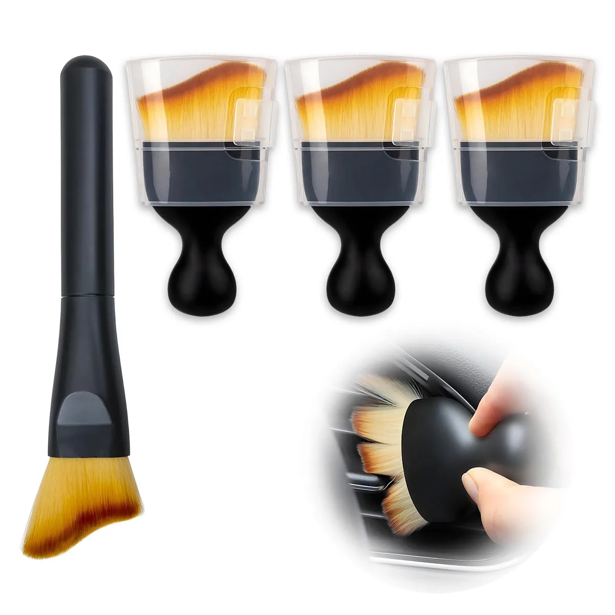 Four black microfiber dust brushes with ergonomic handles and protective covers