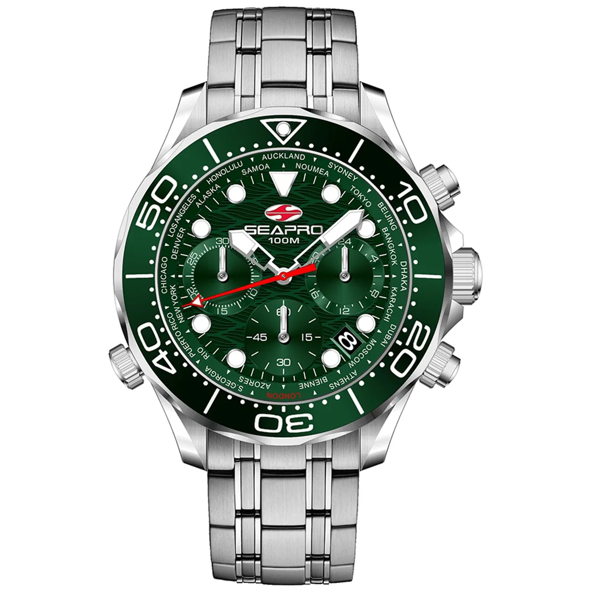 Stainless steel watch with green dial and bracelet