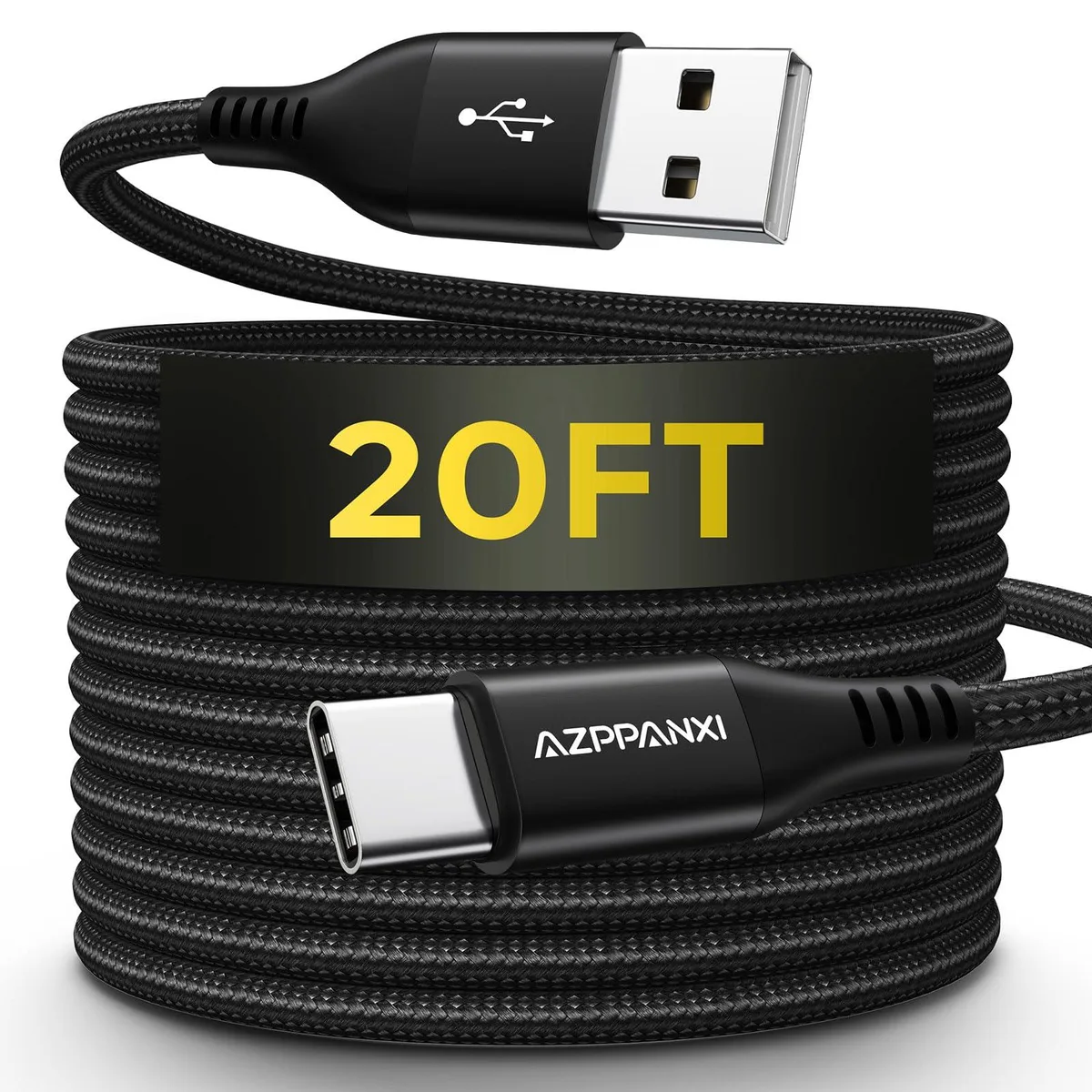 Black nylon-braided USB-A to USB-C cable 20 ft long