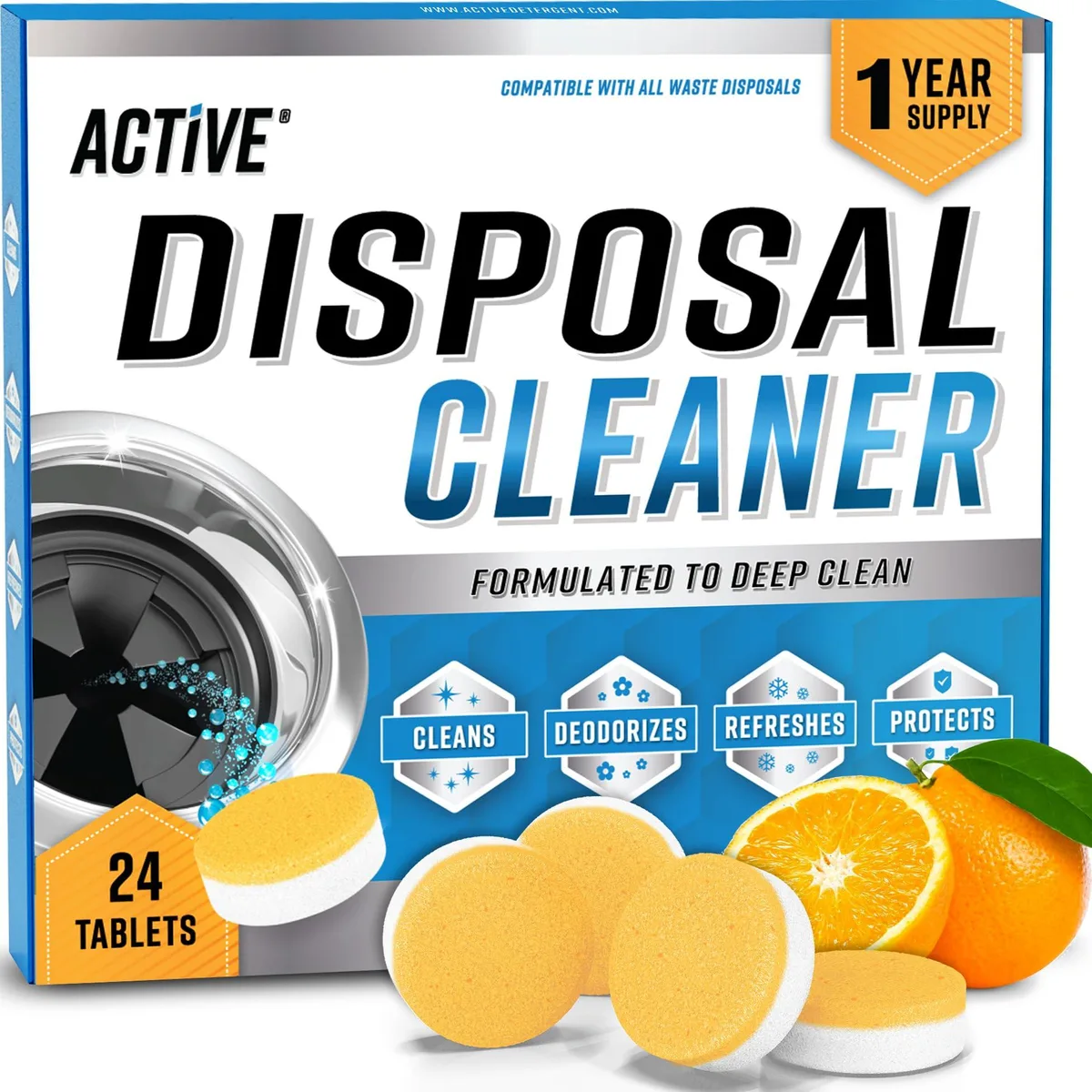 A box containing twenty-four orange foaming tablets for garbage disposal cleaning