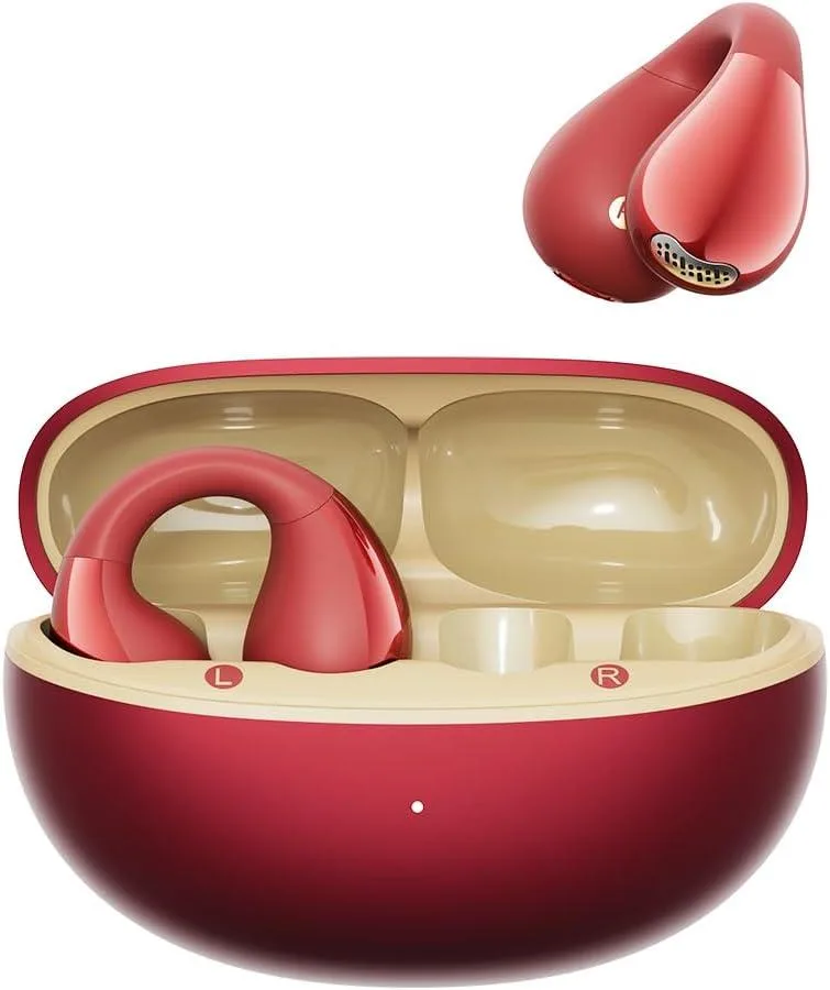Red open-ear clip-on earbuds with charging case