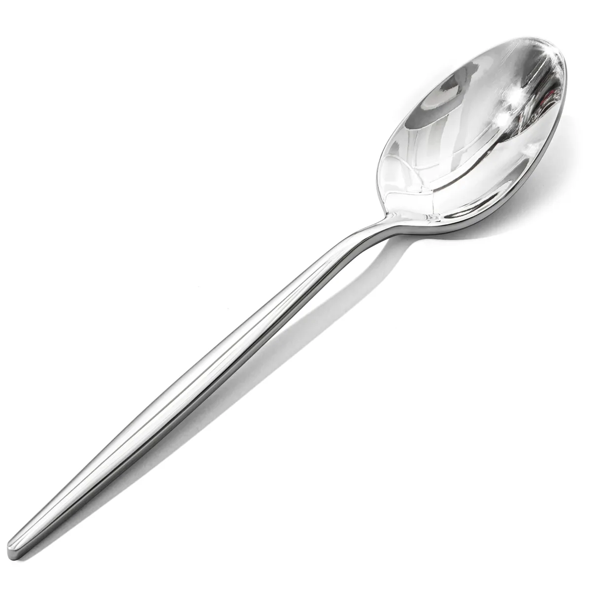 Four silver stainless steel dinner spoons with mirror finish and tapered handles