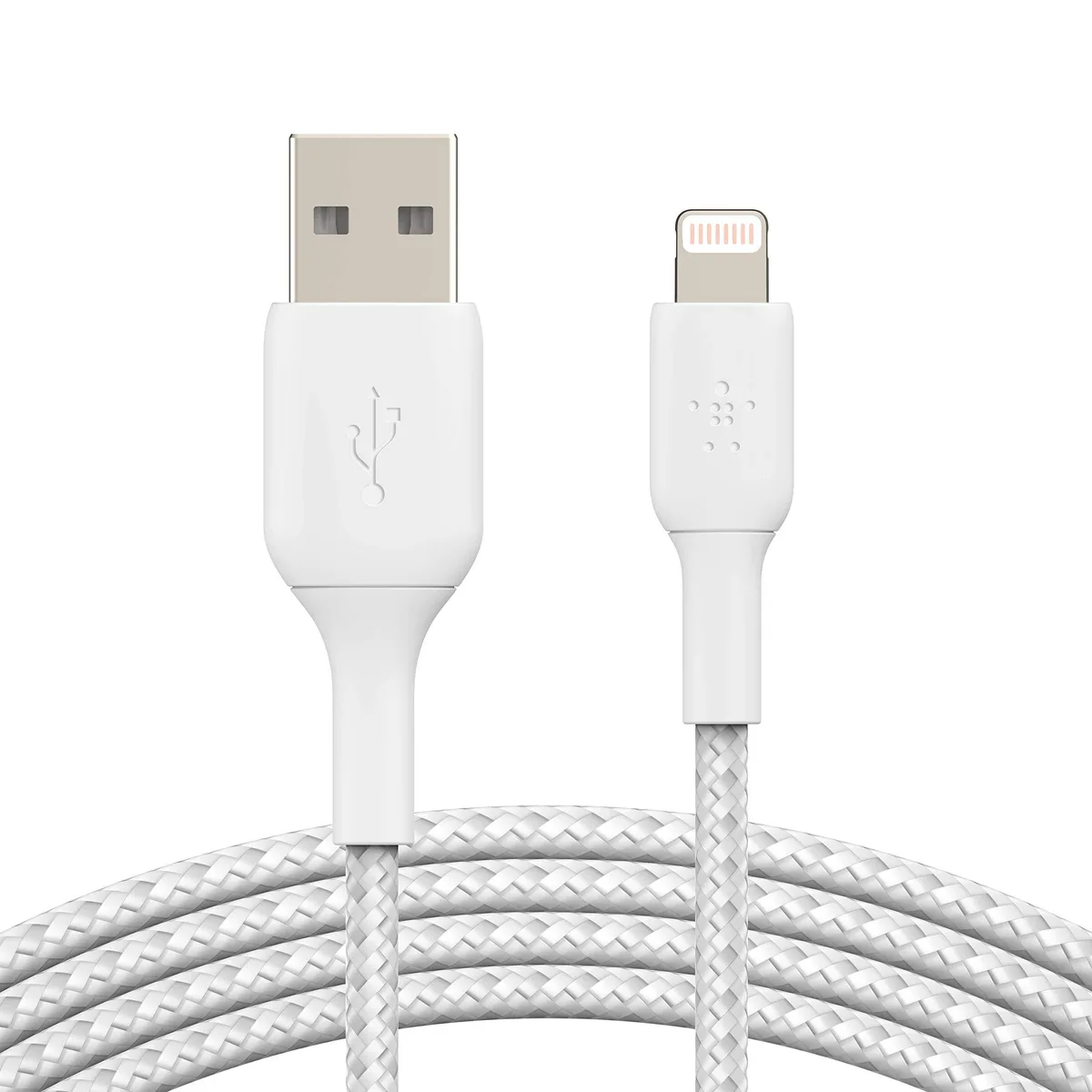 White braided Lightning to USB-A cable, 2 metres long