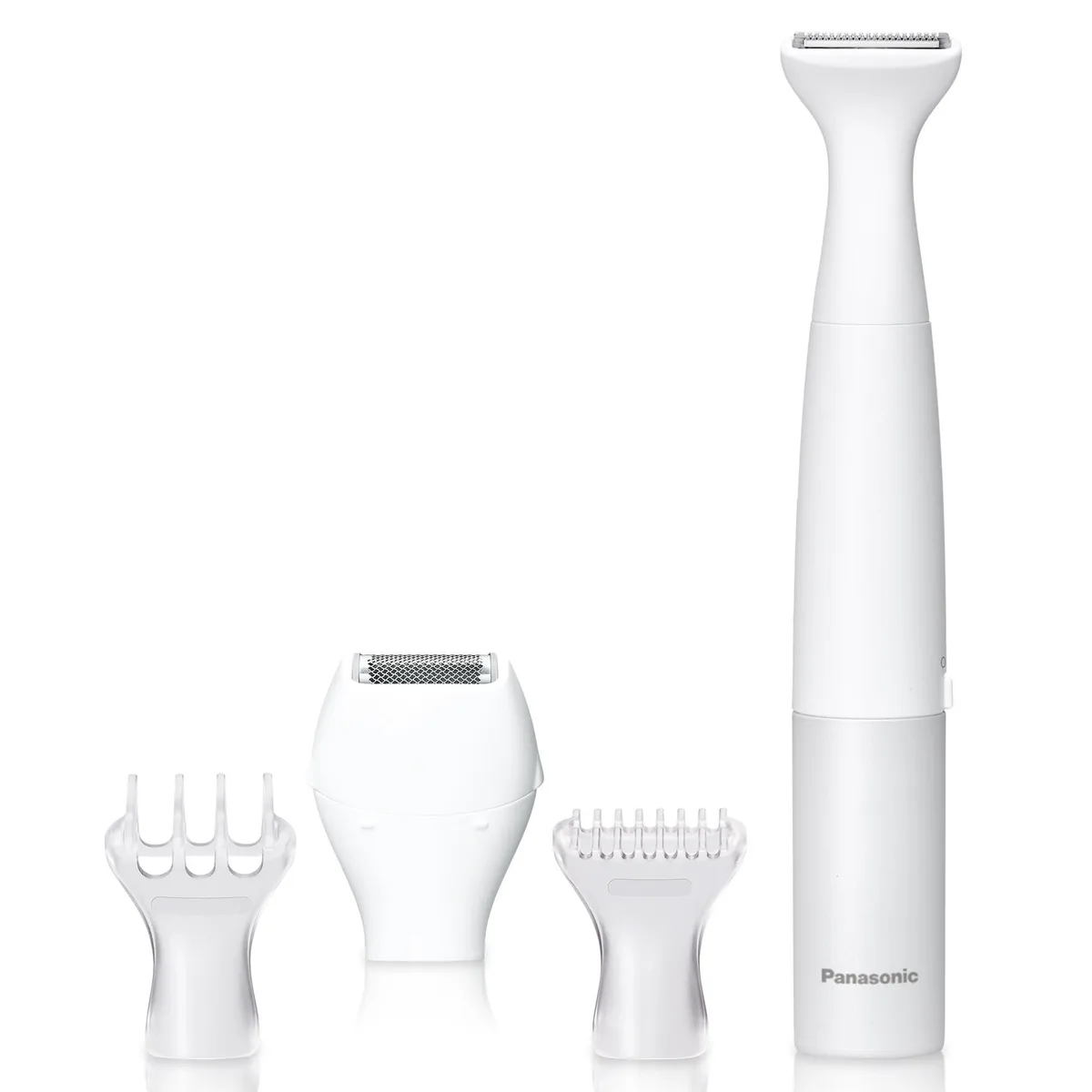 White and silver foil shaver with four attachments and cleaning brush