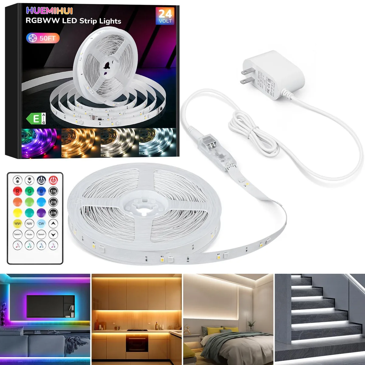 Coiled 50ft flexible LED strip on reel with IR remote and power adapter