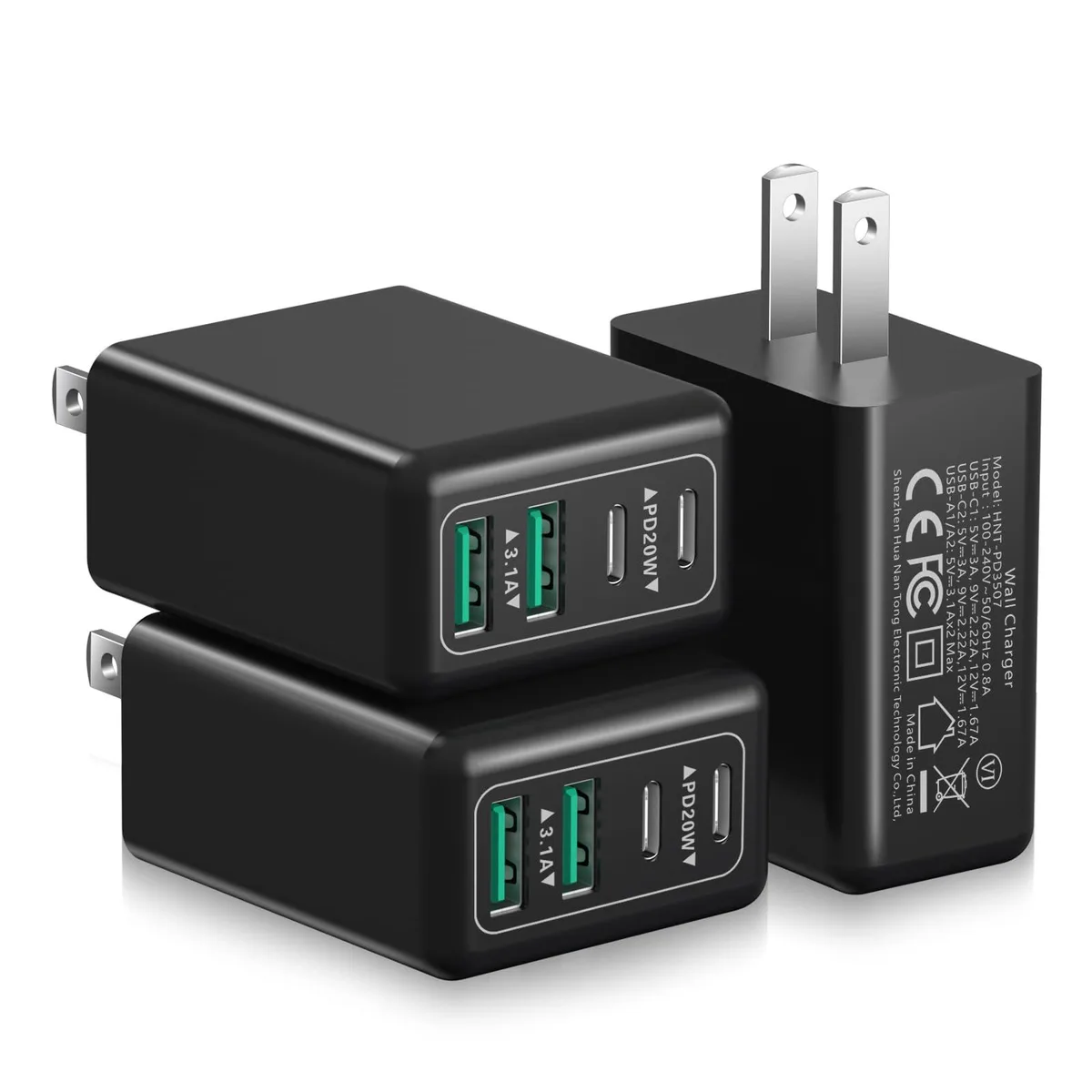 Three white rectangular wall chargers each with two USB-C and two USB-A ports