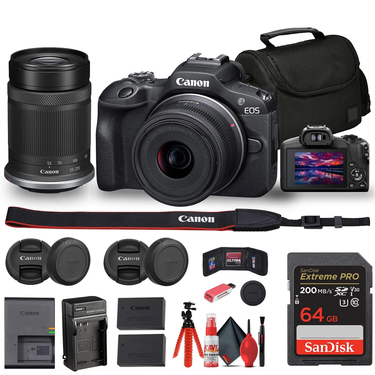 Canon Canon EOS R100 24.1MP APS-C Camera Kit with RF-S 18-45mm & 55-210mm Lenses + Bag & Accessories — product photo