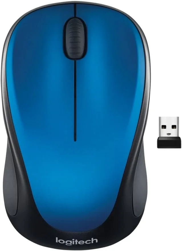 Compact blue wireless mouse with contoured shape and soft rubber side grips