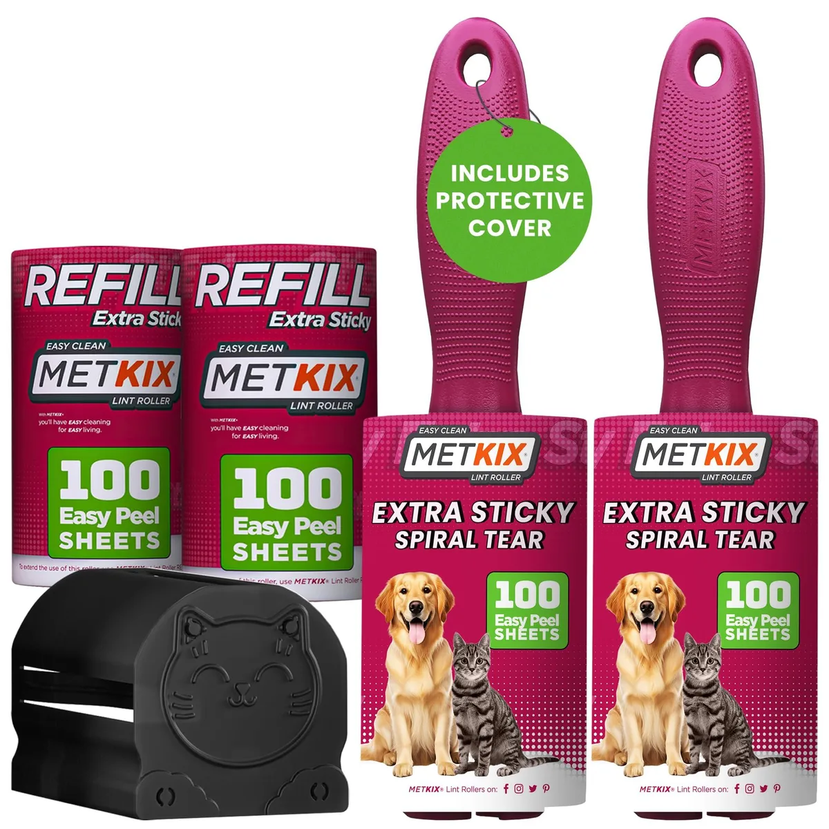 Purple lint roller kit with two handles four refills and protective cover