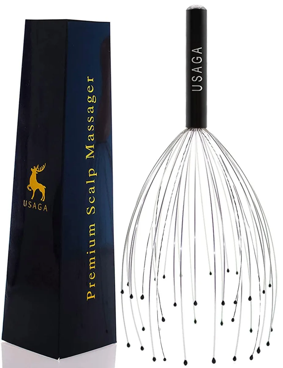 Black metal scalp massager with 36 flexible spring fingers, 10 inches long, manual operation