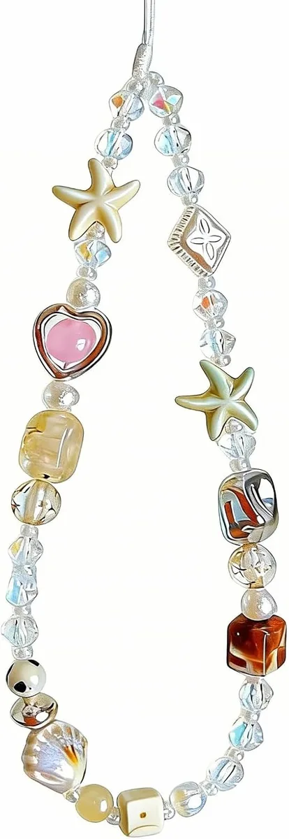 Beaded wrist strap with pearl and crystal beads, small camera charm, loop attachment
