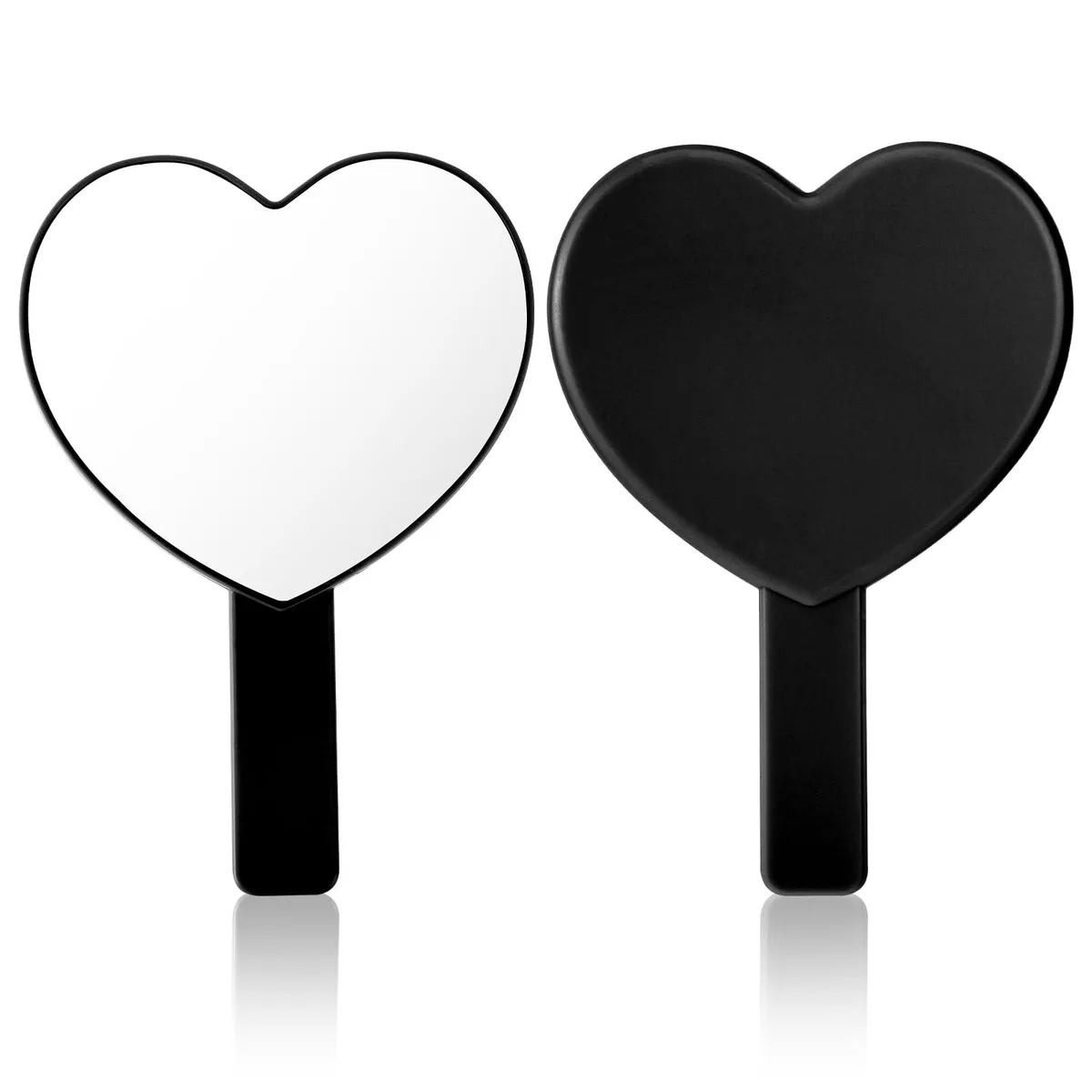 Black heart-shaped handheld mirror with polished plastic frame and handle, 7.3 inches long